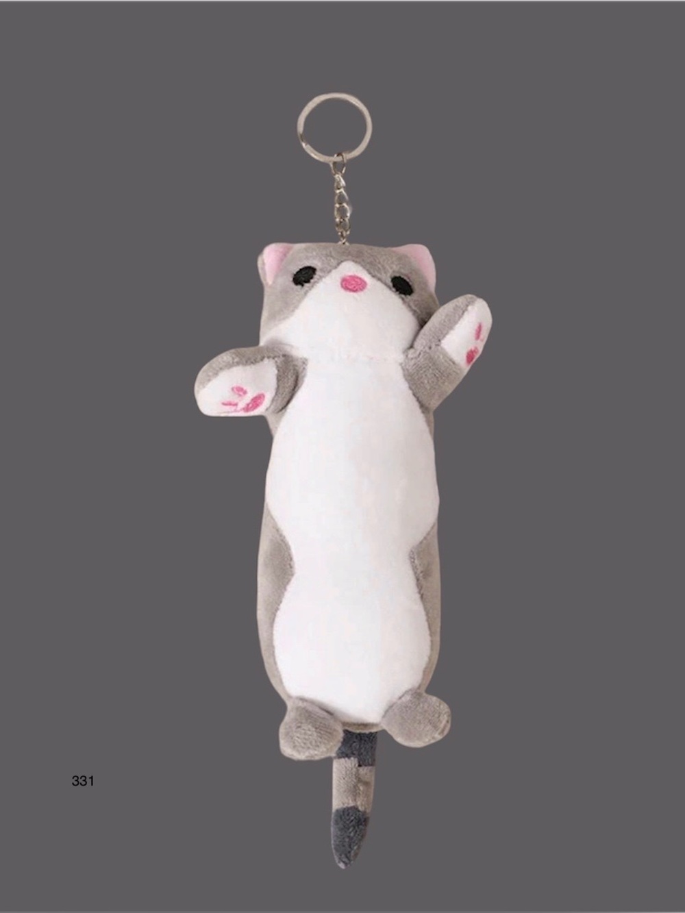 *new* Gray & White Long Plush Cat Keychain